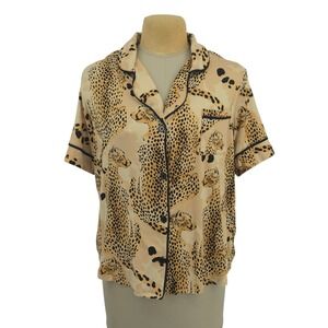 Room Service Pajama Top XL Cheetah Short Sleeve Button Up Novelty Whimsical
